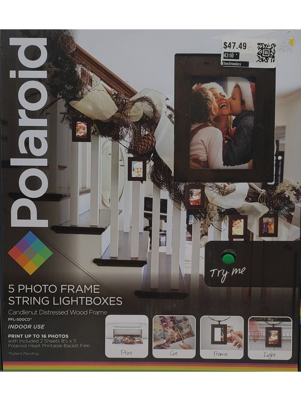 Polaroid 5-Photo Frame 12ft String LED Lightboxes -Candlenut Distressed Wood NEW